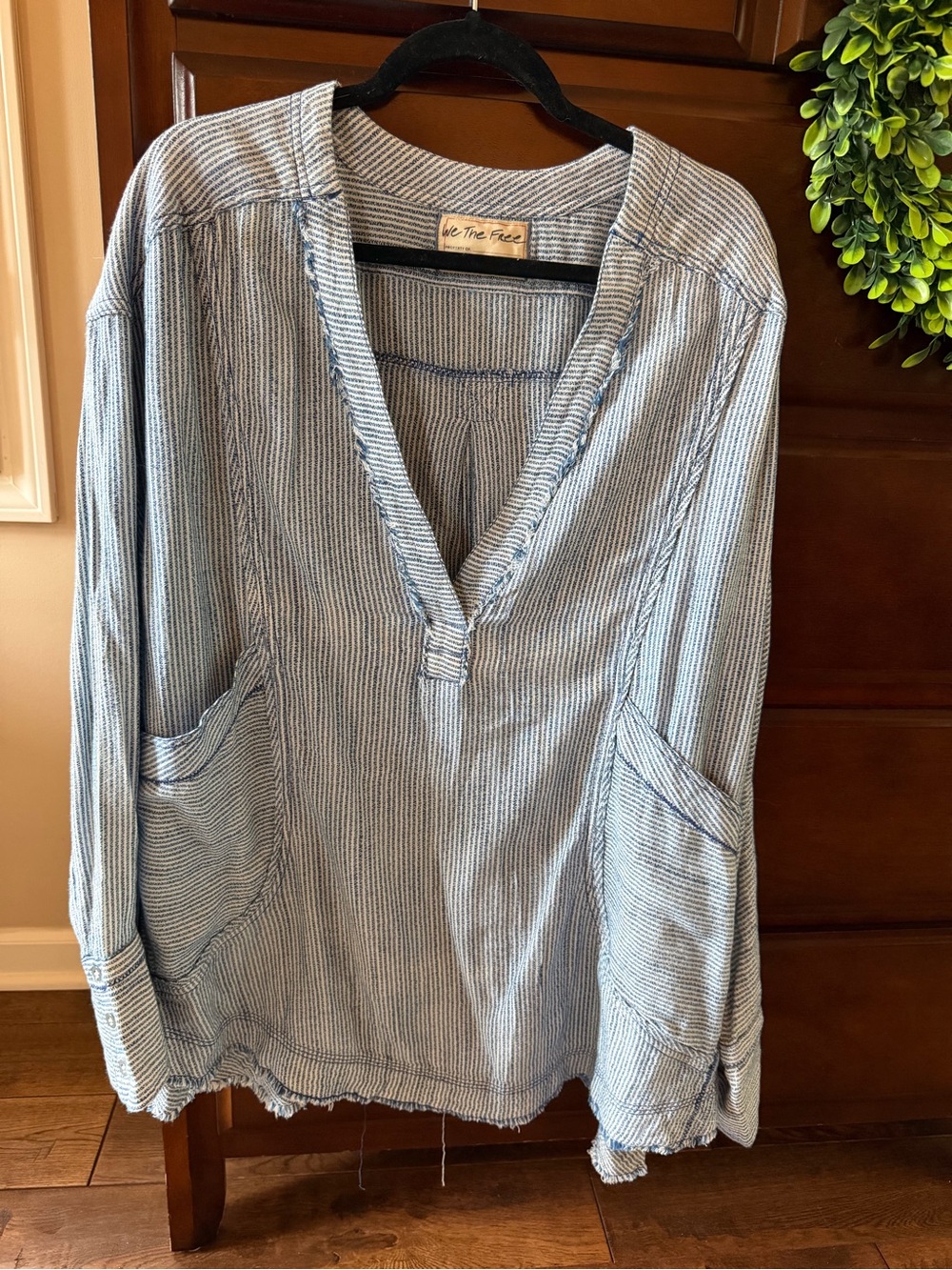 We The Free Light Blue Striped V-Neck Tunic with Pockets